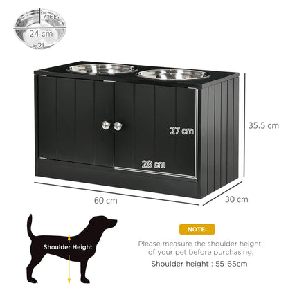PawHut Raised Pet Dog Feeder, with Two Bowls, Storage - Black