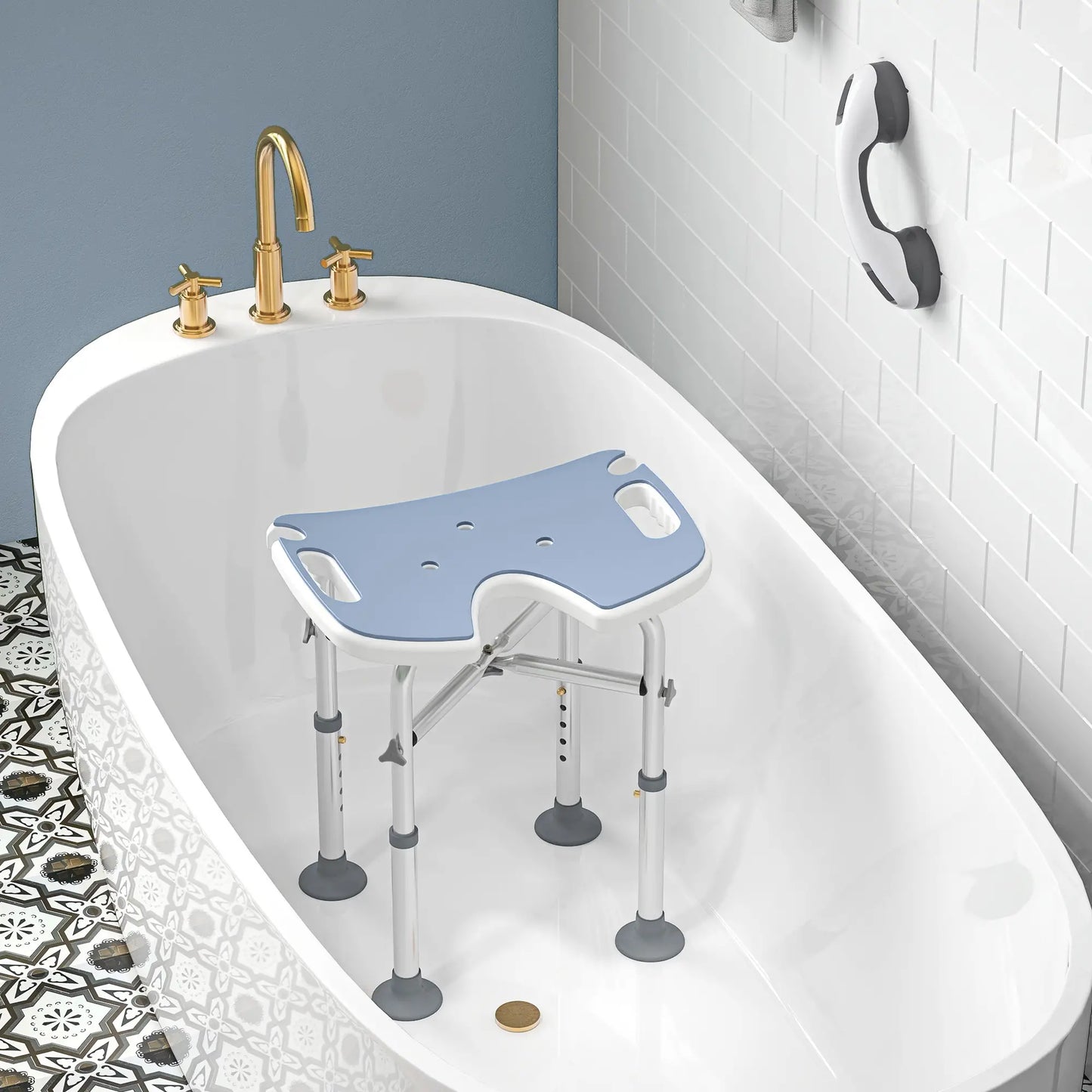 HOMCOM 39-51.5cm 'U' Seat Padded Bathroom Shower Stool Anti-Slip - Light Blue
