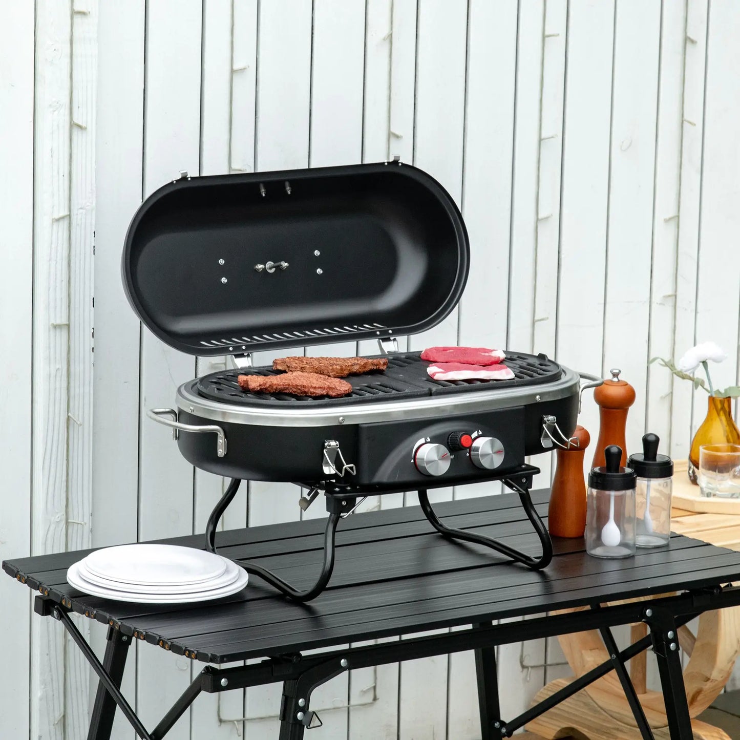 Outsunny Foldable Gas BBQ Grill 2 Burner Table Top Barbecue with Lid for Camping Picnic Cooking, Aluminium Alloy