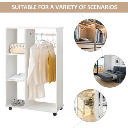 HOMCOM Open Wardrobe on Wheels, Bedroom Wardrobe with Clothes Hanging Rail, 3 Storage Shelves Rack, White