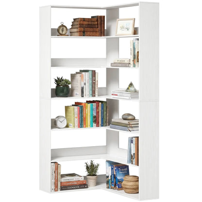 HOMCOM 7 Tiers Bookshelf, L-Shaped Corner Bookcase with Anti-Slip Rear Guard, White Wood Effect