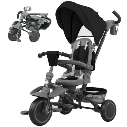 AIYAPLAY 6 in 1 Foldable Kids Trike with Adjustable Parent Handle & Canopy for Ages 1-5, Black