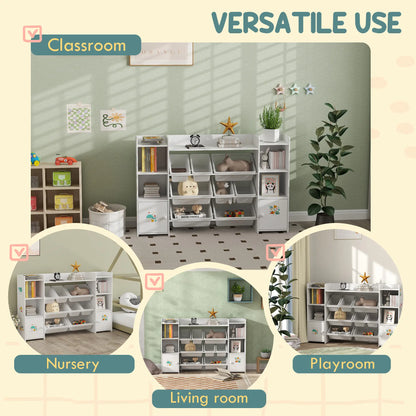 AIYAPLAY Kids Toy Organizers with 8 Removable Storage Bins and Bookshelf, White