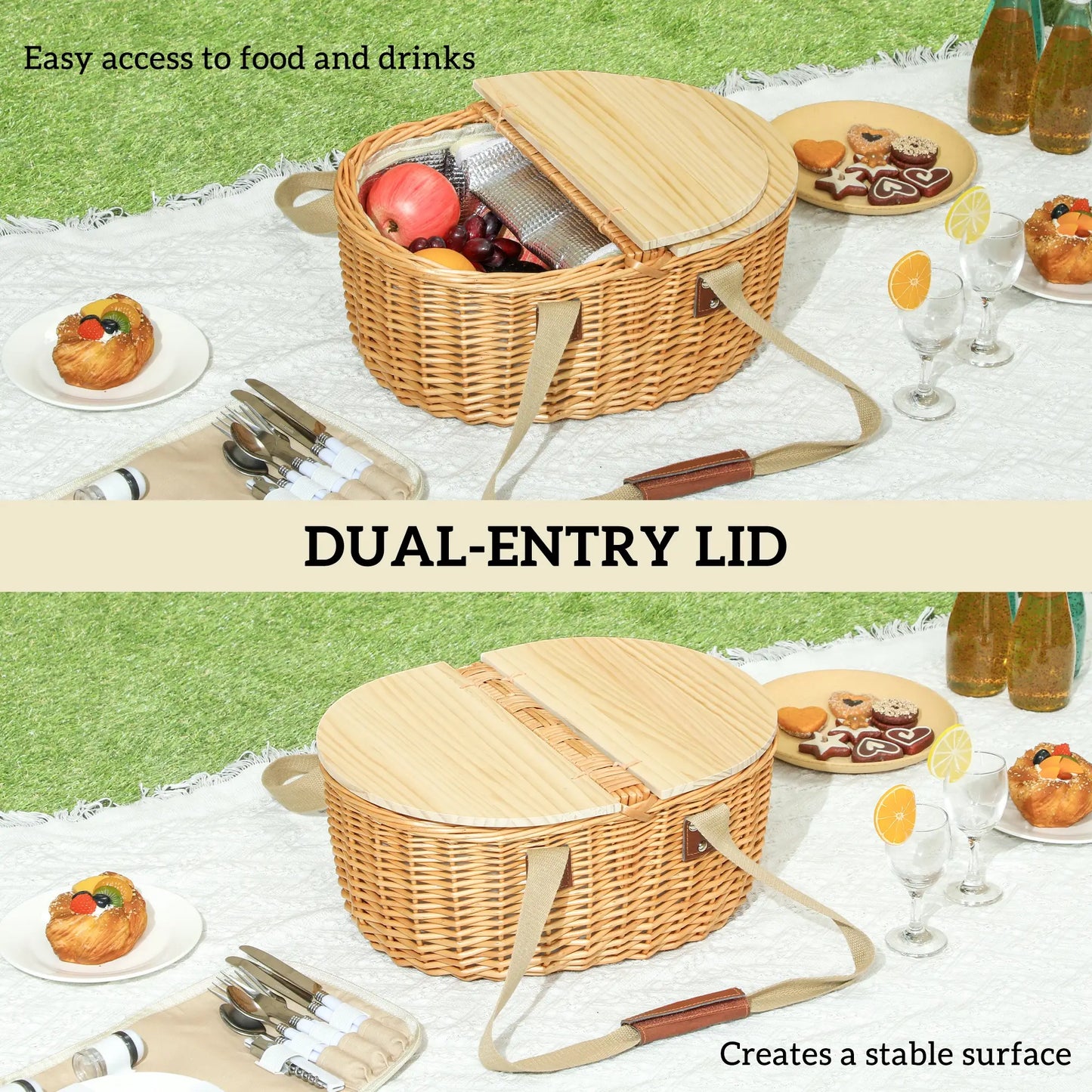 Outsunny Wicker Picnic Basket for 2 with Pine Wood Lid, Picnic Hamper with Cooler Compartment, Carry Handle for Camping, Outdoor, Light Brown