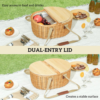 Outsunny Wicker Picnic Basket for 2 with Pine Wood Lid, Picnic Hamper with Cooler Compartment, Carry Handle for Camping, Outdoor, Light Brown