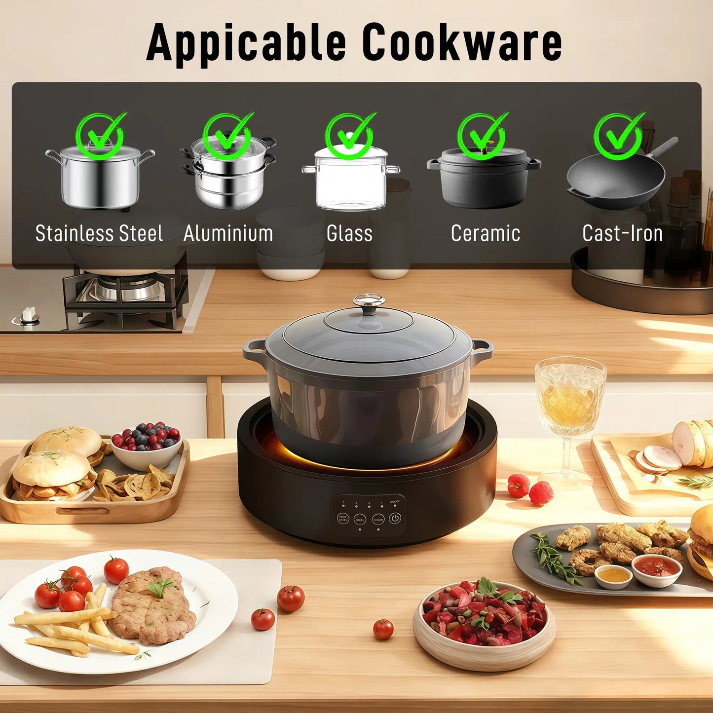 HOMCOM Electric Ceramic Hob with Grill Plate, Multifunctional with 4 Heat Levels for All Type Pot