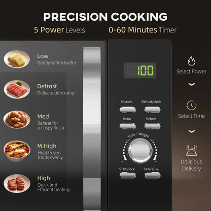 HOMCOM 23L 800W Digital Solo Microwave Oven with 5 Power Levels, Automatic Defrost, 8 Auto Cook Menus, Small, Black