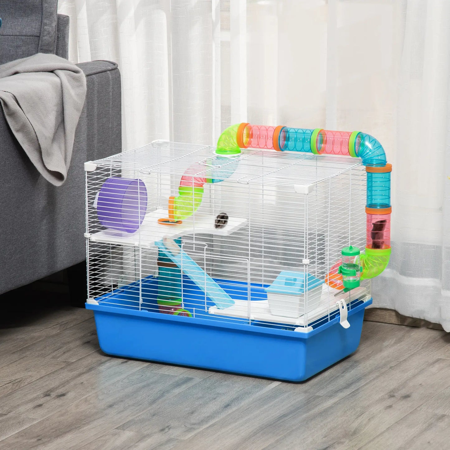 PawHut Hamster Cage, Gerbil Cage 3 Tier for Dwarf Hamster with Tube, Exercise Wheel, Water Bottle, Food Dish - Blue