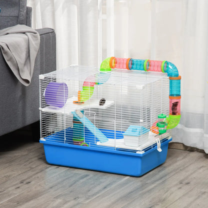 PawHut Hamster Cage, Gerbil Cage 3 Tier for Dwarf Hamster with Tube, Exercise Wheel, Water Bottle, Food Dish - Blue