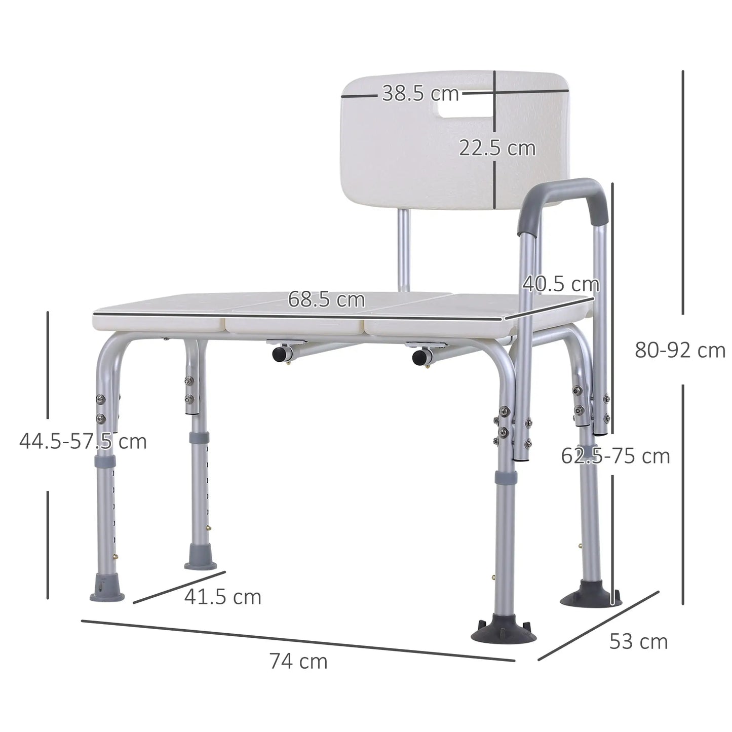 HOMCOM Height Adjustable Shower Chair, Non Slip Bath Transfer Bench for Elderly, Disabled with Armrest and Backrest, White