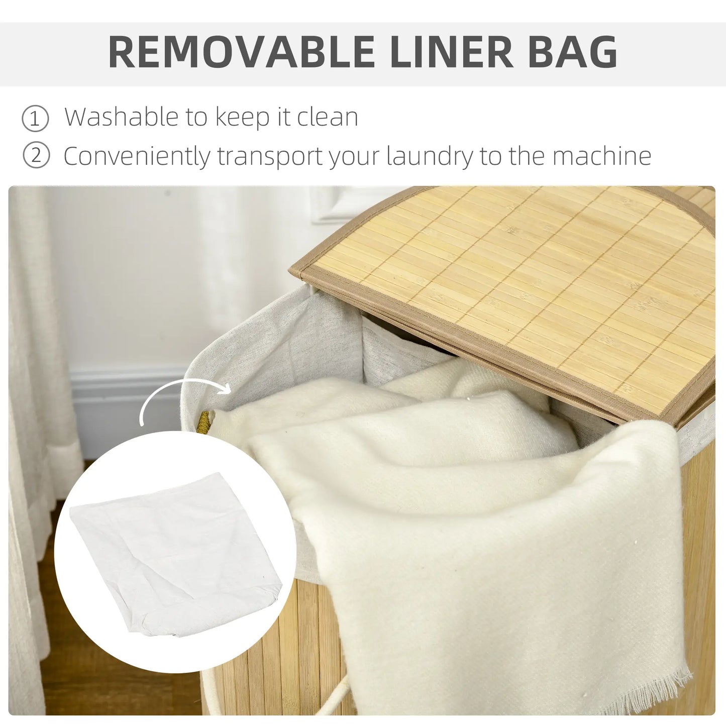 HOMCOM Bamboo Laundry Basket with Lid, 100 Litres Laundry Hamper with 2 Sections, Removable Washable Lining, Washing Baskets