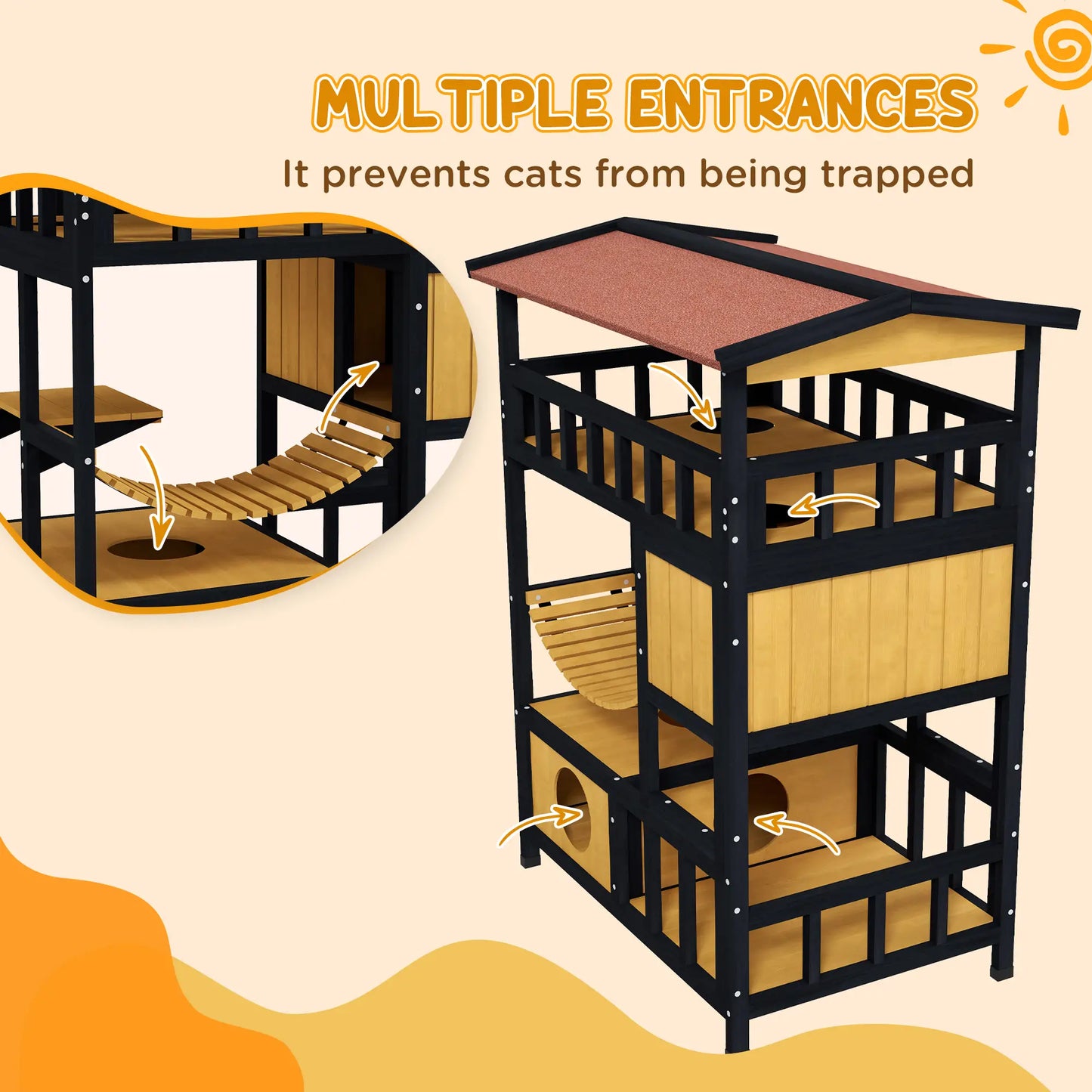 PawHut Outdoor Cat Shelter, Four-Tier Wooden Feral Cat House with Suspension Bridge, Balcony, Escape Doors
