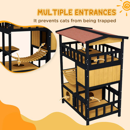 PawHut Outdoor Cat Shelter, Four-Tier Wooden Feral Cat House with Suspension Bridge, Balcony, Escape Doors