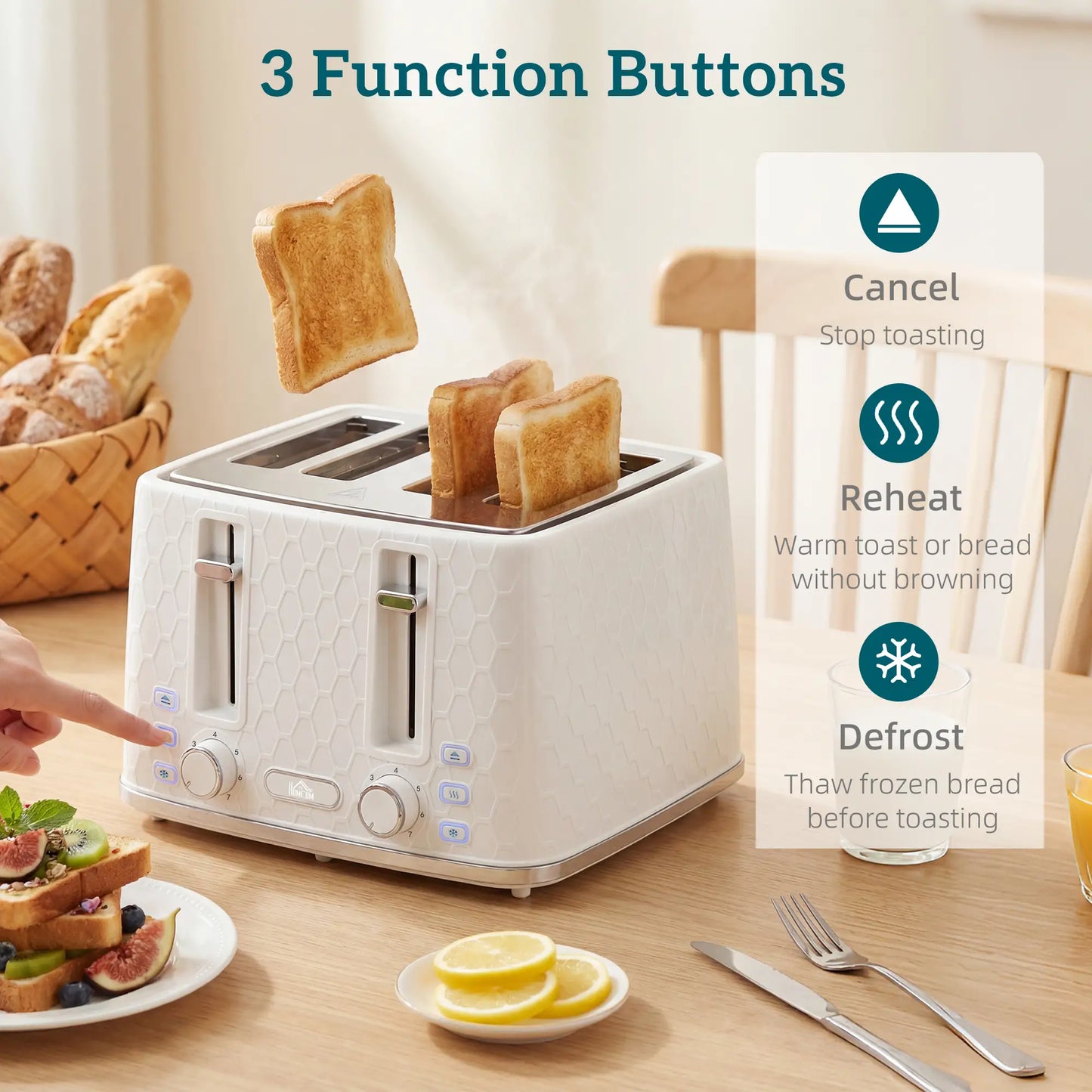 HOMCOM Rapid Kettle & Toaster Set, 1.7L 3000W, 4 Slice Toaster with 7 Browning Controls, Cream