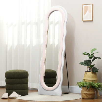 HOMCOM Wavy Velvet-Feel Modern Full Length Mirror, Engineered Wood - Pink