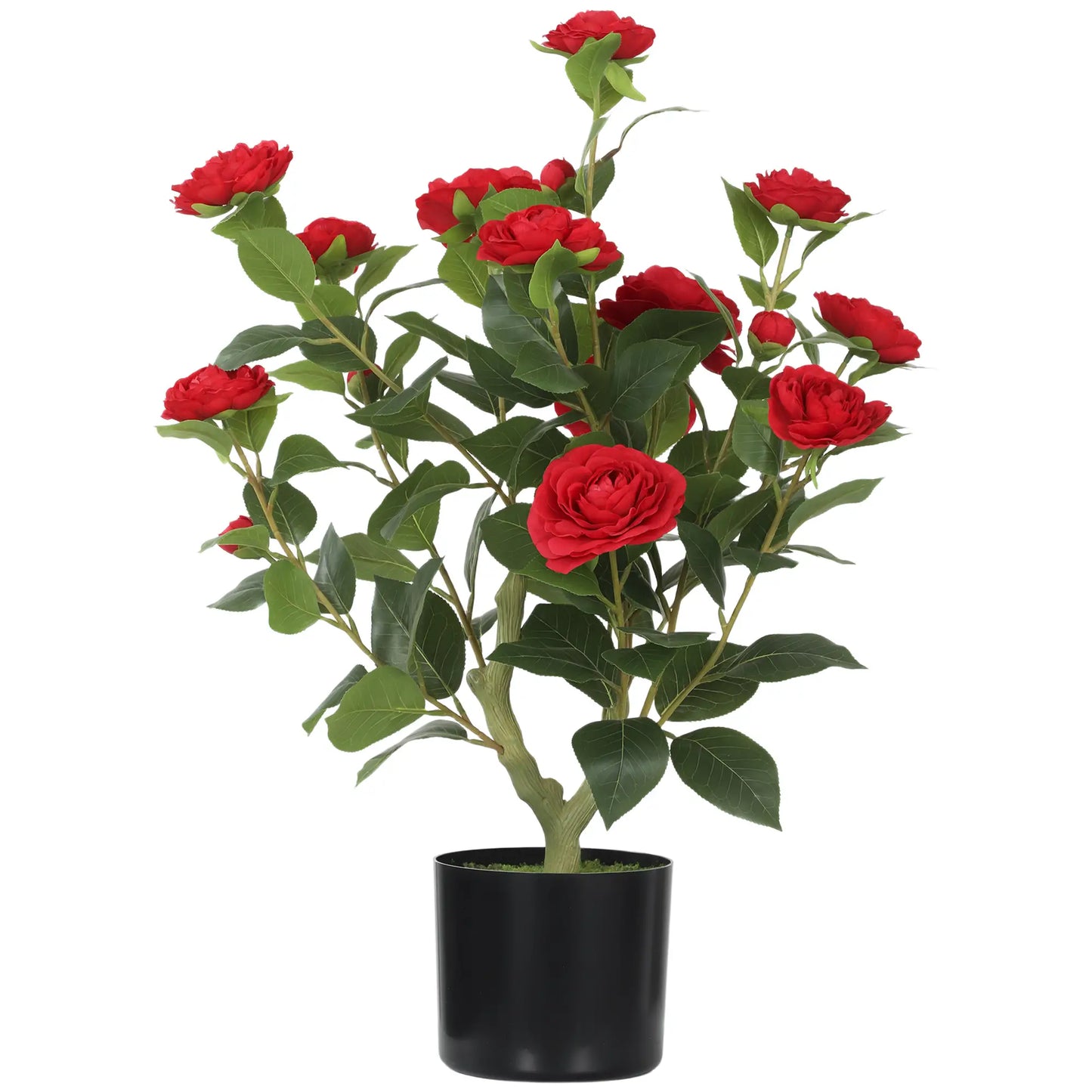 HOMCOM Artificial Camellia Flower Plant in Pot with 116 Lush Leaves & Moss Effect, Red