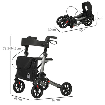 HOMCOM 4 Wheel Rollator with Seat & Back, Folding Walker with Carry Bag, Adjustable Height, Dual Brakes, Aluminium Walking Frame, Silver