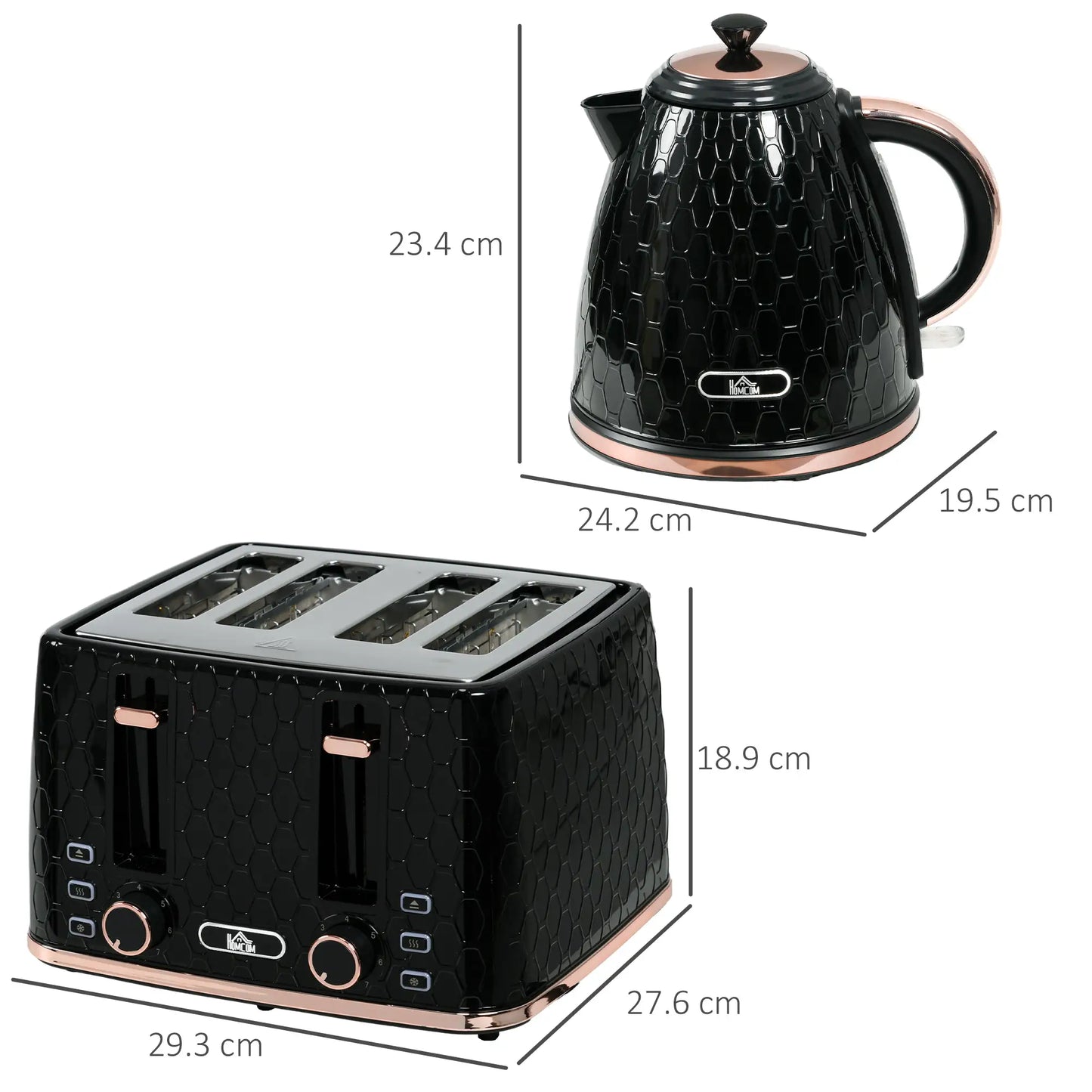 HOMCOM 1.7L 3000W Fast Boil Kettle and 4 Slice Toaster Set with 7 Browning Controls, Crumb Tray, Black