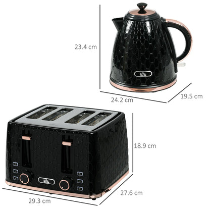 HOMCOM 1.7L 3000W Fast Boil Kettle and 4 Slice Toaster Set with 7 Browning Controls, Crumb Tray, Black