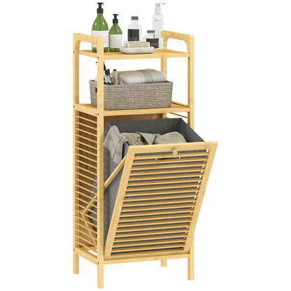 HOMCOM Bamboo Laundry Cabinet with Slatted Door, Bathroom Cabinet with Removable Liner Bag, Natural Wood Finish