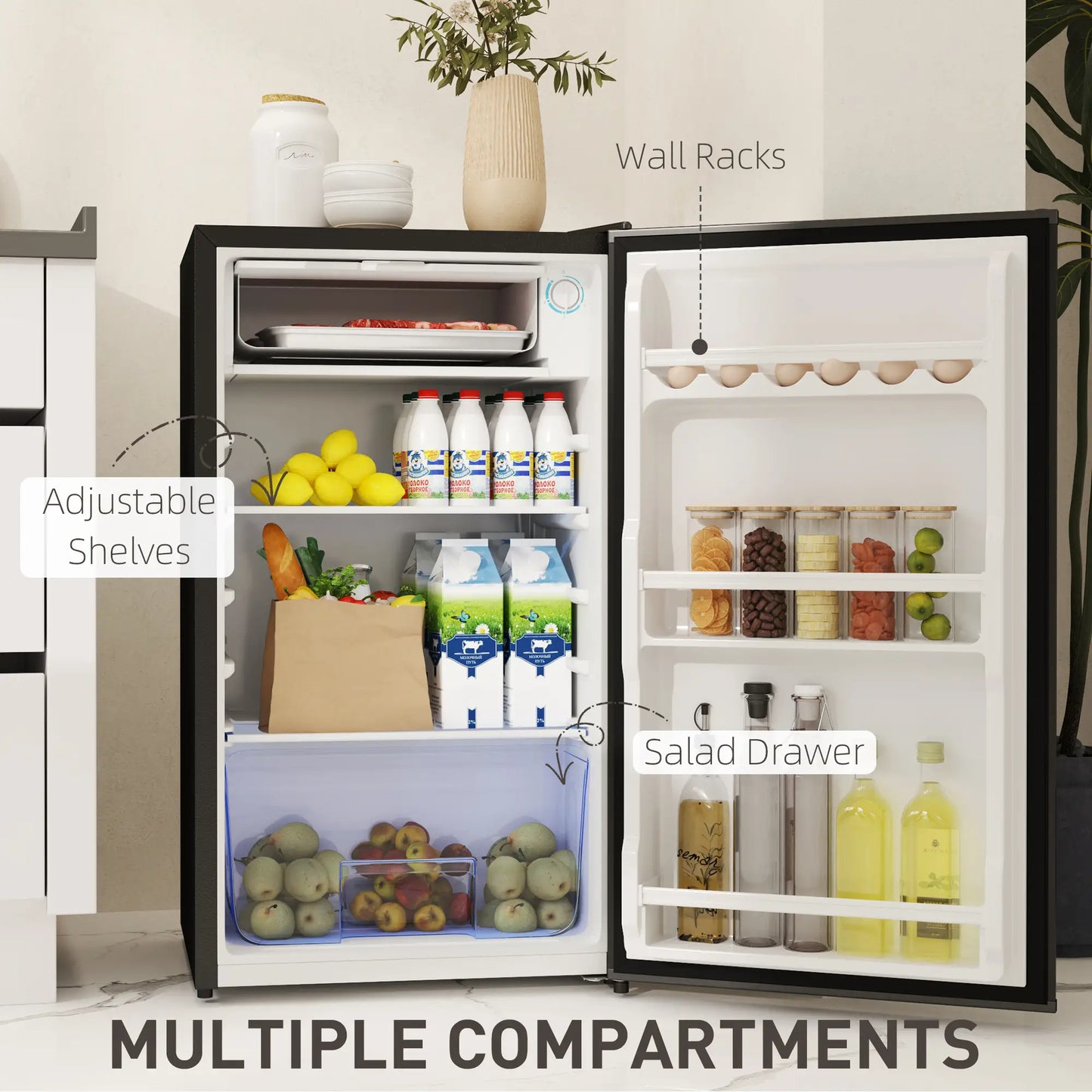 HOMCOM 91L Freestanding Kitchen Under-Counter Fridge with Lock - Black
