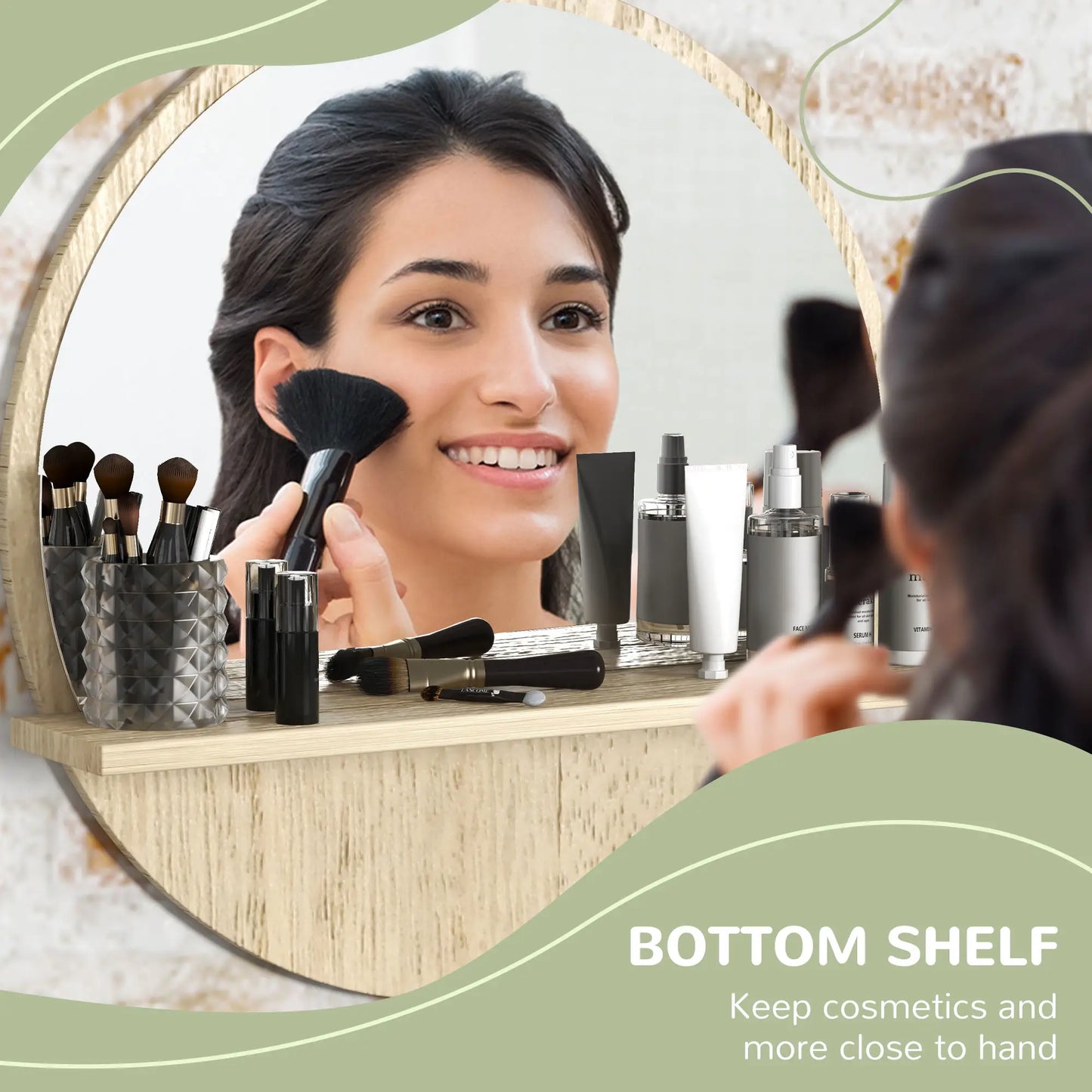 kleankin 45cm Round Home Bathroom Mirror, with Shelf - Natural Wood Effect