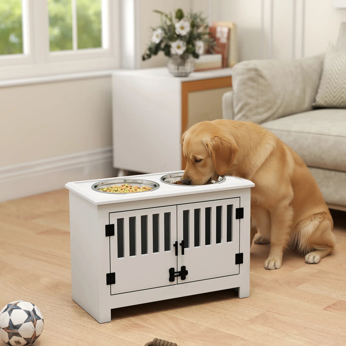 PawHut Raised Dog Bowls, Pet Feeding Station with Storage, Food & Water Bowls for Large Dogs - White