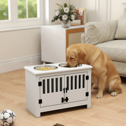 PawHut Raised Dog Bowls, Pet Feeding Station with Storage, Food & Water Bowls for Large Dogs - White