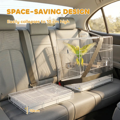 PawHut Bird Cage Foldable Portable Budgie Cage with Wooden Perch 2 Bowls for Travel, White