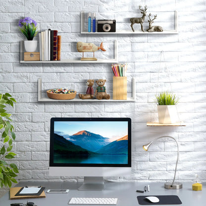 HOMCOM Set of 3 Wooden U-Shaped Floating Shelves Set, Wall Mounted Hanging Bookshelf, White