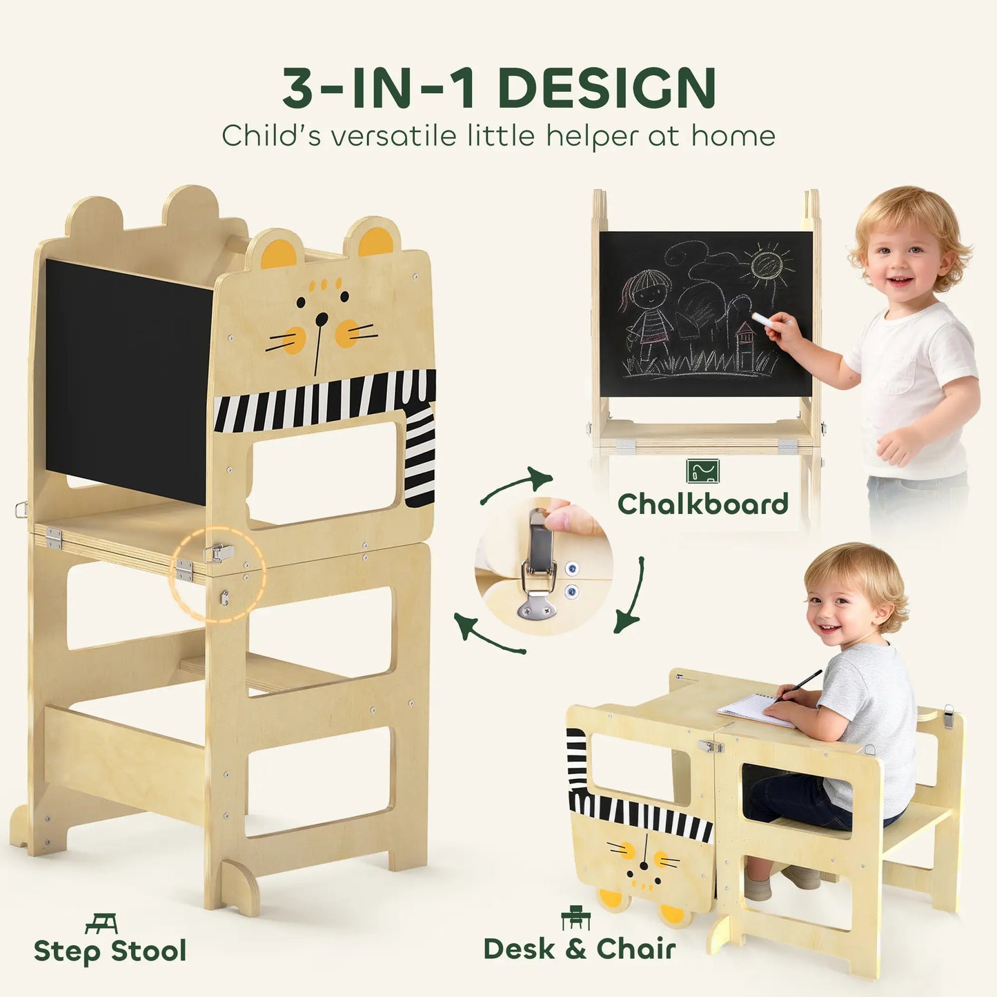 AIYAPLAY Toddler Step Stool, Standing Tower with Chalkboard, 3-in-1 Cat-Shaped for Kitchen Counter, Natural