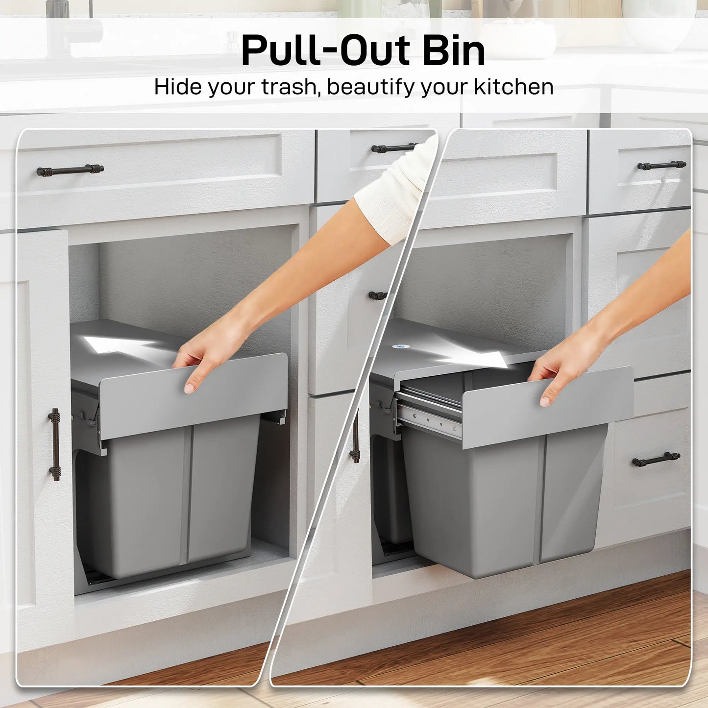 HOMCOM Pull Out Bin, Under Sink Bin - 2 x 15L Removable Compartments for 400mm Cabinets, Light Grey