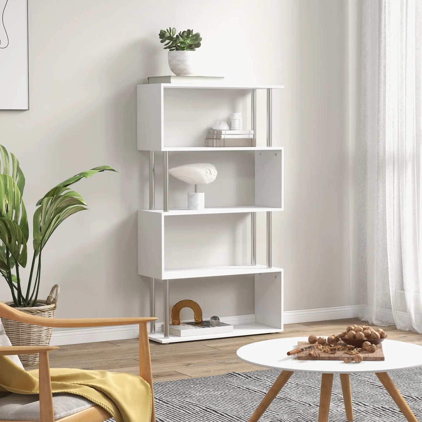 HOMCOM S Shape Bookcase, 5 Tiers Bookshelf, Modern Freestanding Storage Shelf for Home Office, Study, Living Room, White