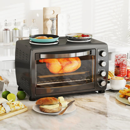 HOMCOM 36L Small Electric Oven with 2 Hot Plates, Countertop Toaster Oven, Grill, Roast, Bake, with Timer, Adjustable Temperature & Baking Tray, 2600W