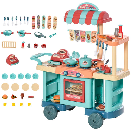 50 Pcs Kids Kitchen Play Set Fast Food Trolley Cart Pretend Playset Toys with Play Food Accessories Gift for Boys Girls Age 3-6