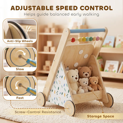 AIYAPLAY Wooden Baby Walker, Toddler Push Along Walker with Speed Control, Activity Centre for 18 Months+