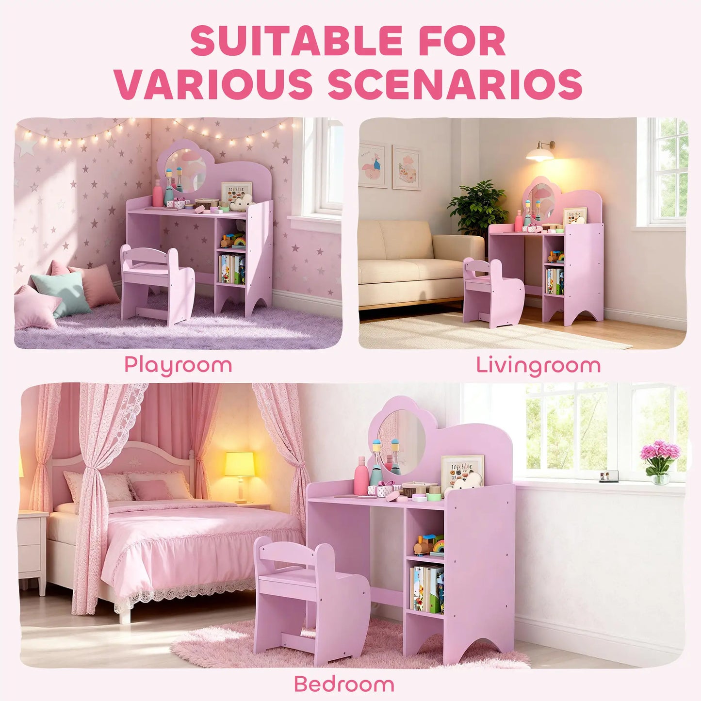 AIYAPLAY Kids Dressing Table with Mirror, Stool, Kids Vanity Table with Shelves for Ages 3-8 Years, Pink