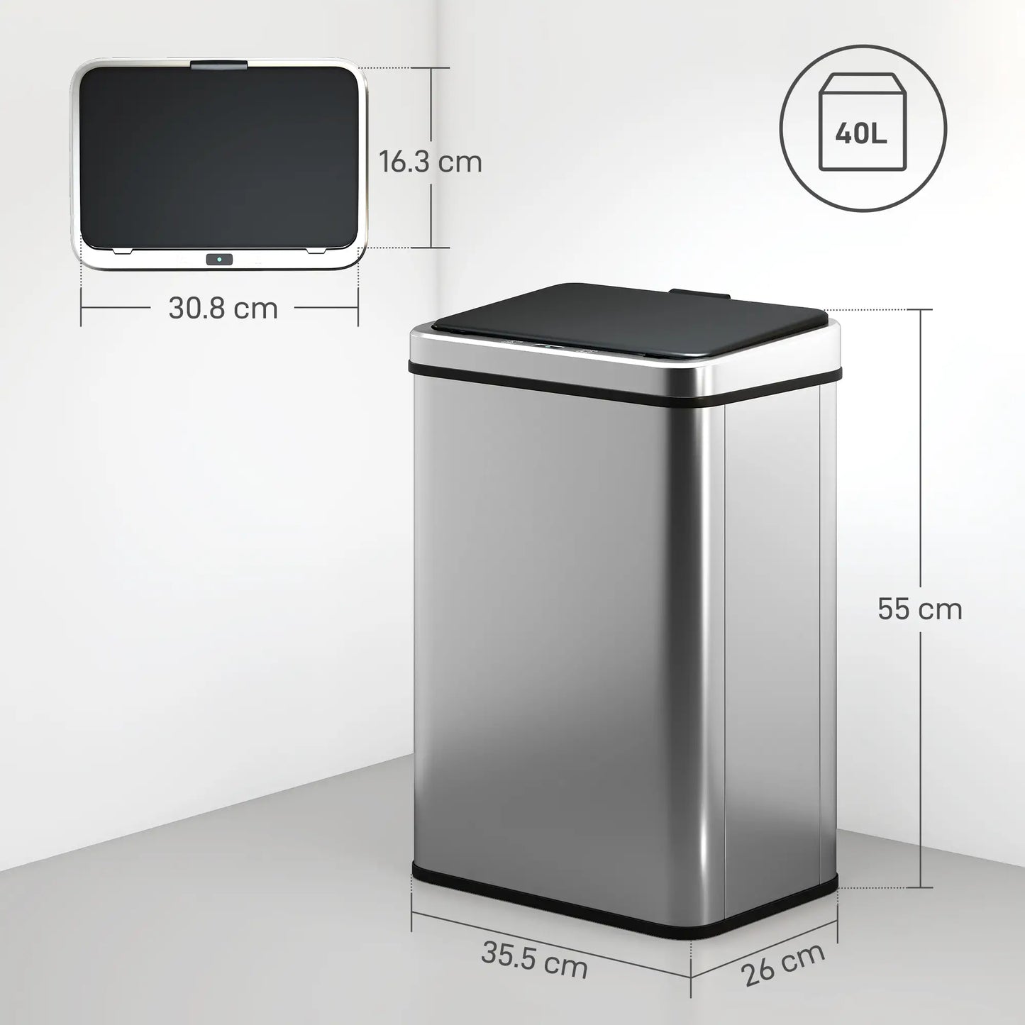 HOMCOM 40L Sensor Bin with Quiet Lid, Automatic Touchless Motion Sensor Kitchen Bin with Fingerprint Resistant Stainless Steel, Silver Tone