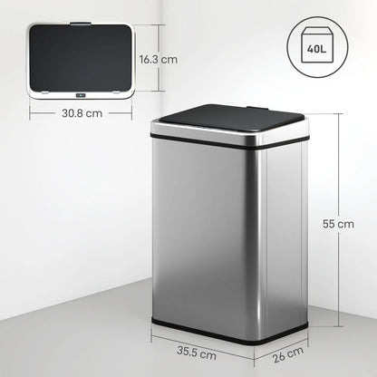 HOMCOM 40L Sensor Bin with Quiet Lid, Automatic Touchless Motion Sensor Kitchen Bin with Fingerprint Resistant Stainless Steel, Silver Tone
