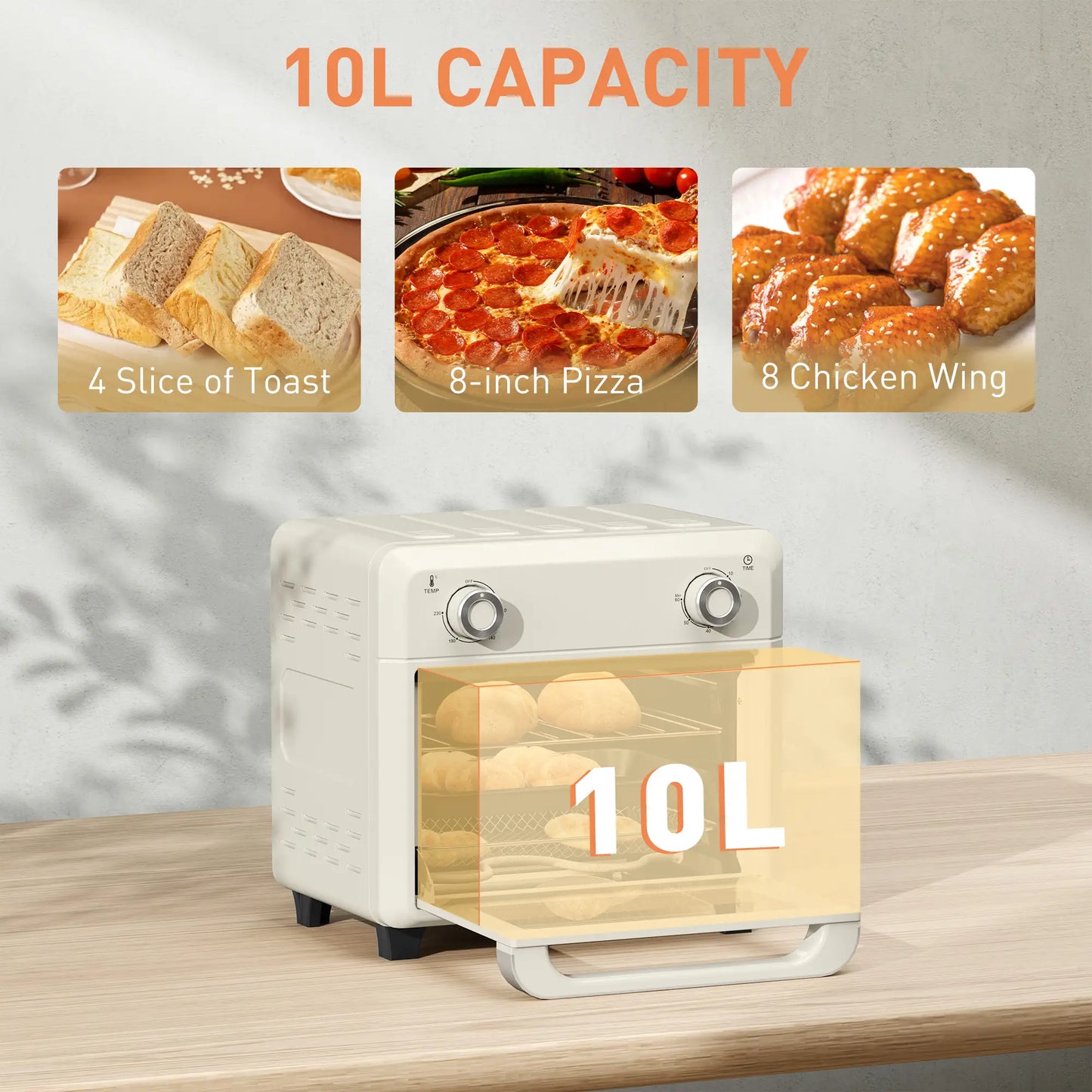HOMCOM 10L Air Fryer Oven, Mini Oven, Oil Free Cooking, Grill, Roast, Bake, with Adjustable Temperature, Timer, 1000W