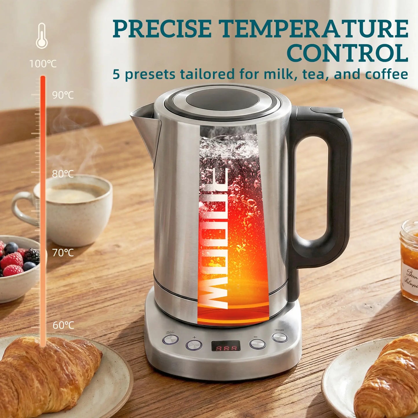 HOMCOM Electric Kettle, 1.7L, Fast Boil, 3kW Water Kettle with UK Strix Thermostat, LCD Base, Silver Tone