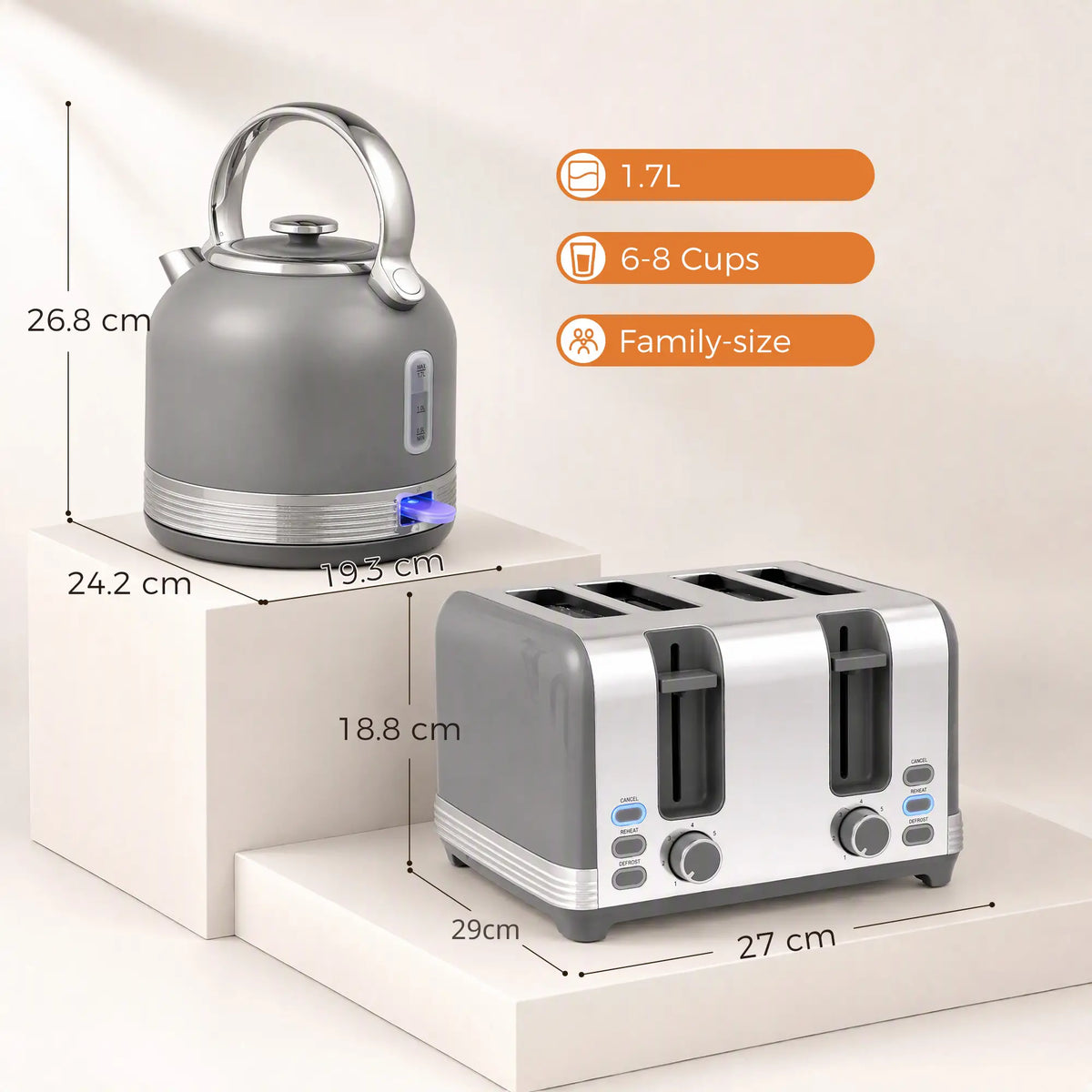 HOMCOM Stainless Steel Fast Boil Cordless Kettle and 4 Slice Toaster Kitchen Set, 1.7L 3000W, Grey