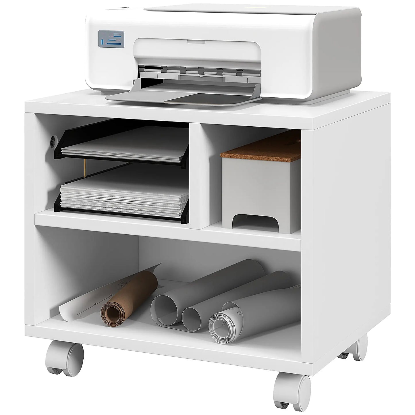 HOMCOM Three-Compartment Office Storage Printer Cabinet with Wheels - White
