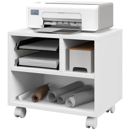 HOMCOM Three-Compartment Office Storage Printer Cabinet with Wheels - White