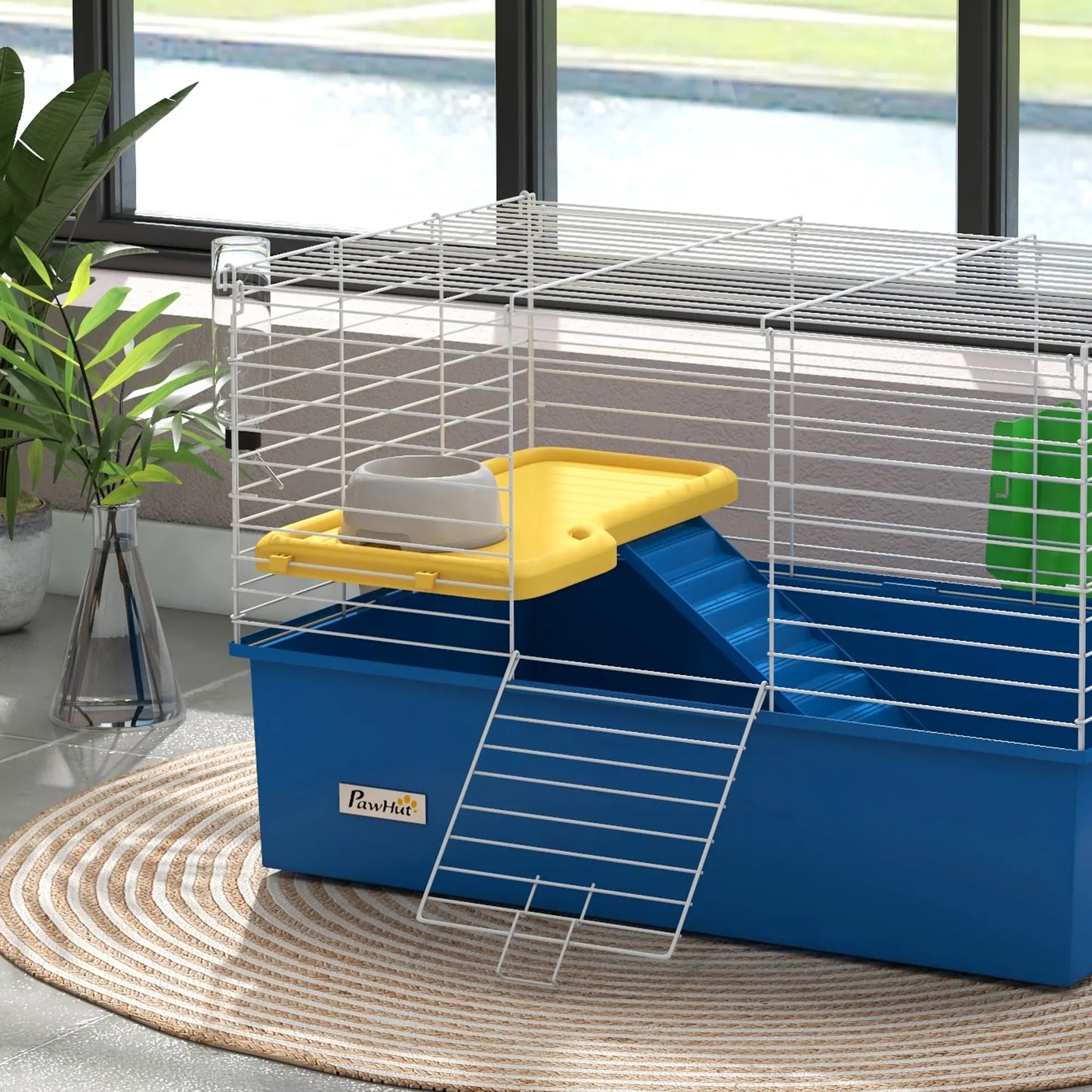PawHut Chinchillas Small Rabbit Guinea Pig Small Animal Cage, Pet Playhouse with Platform, Ramp, Blue
