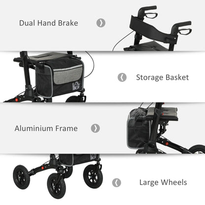 HOMCOM 4 Wheeled Folding Rollator Walker with Padded Seat, Backrest, Lightweight Walking Frame with Storage Bag, Dual Brakes for Seniors