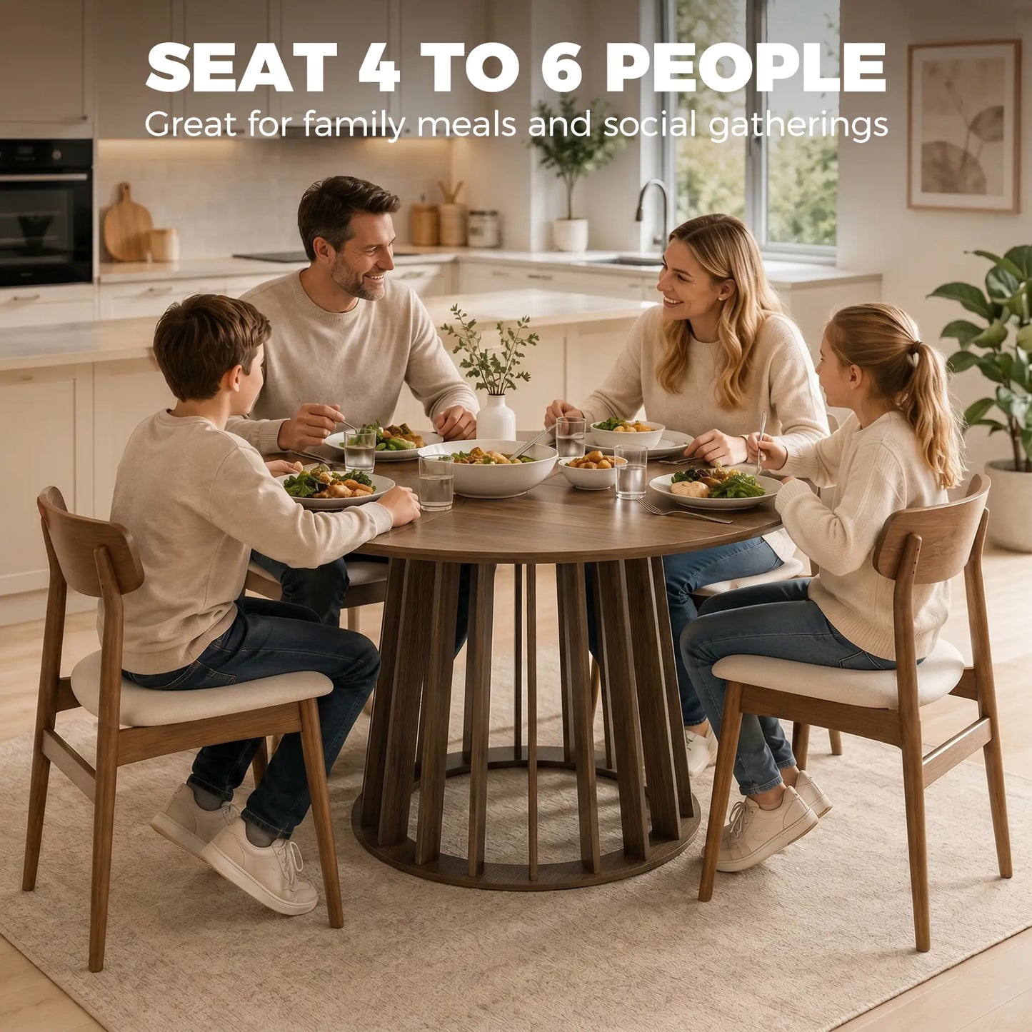 HOMCOM Round Dining Table for 4-6 People Modern Kitchen Table with Slatted Base, Light Walnut
