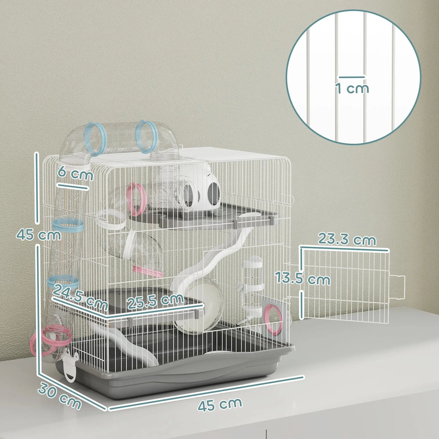 PawHut 3-Tier Hamster Cage with Exercise Wheels, Water Bottle, Food Dish, for Dwarf Hamsters, Grey