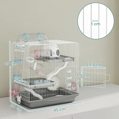 PawHut 3-Tier Hamster Cage with Exercise Wheels, Water Bottle, Food Dish, for Dwarf Hamsters, Grey