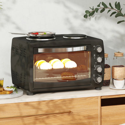 HOMCOM 36L Small Electric Oven with 2 Hot Plates, Countertop Toaster Oven, Grill, Roast, Bake, with Timer, Adjustable Temperature & Baking Tray, 2600W